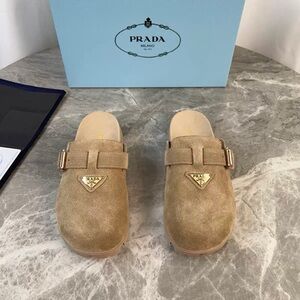 Prada Tan Suede Slip-On Clogs with Gold Logo Plaques